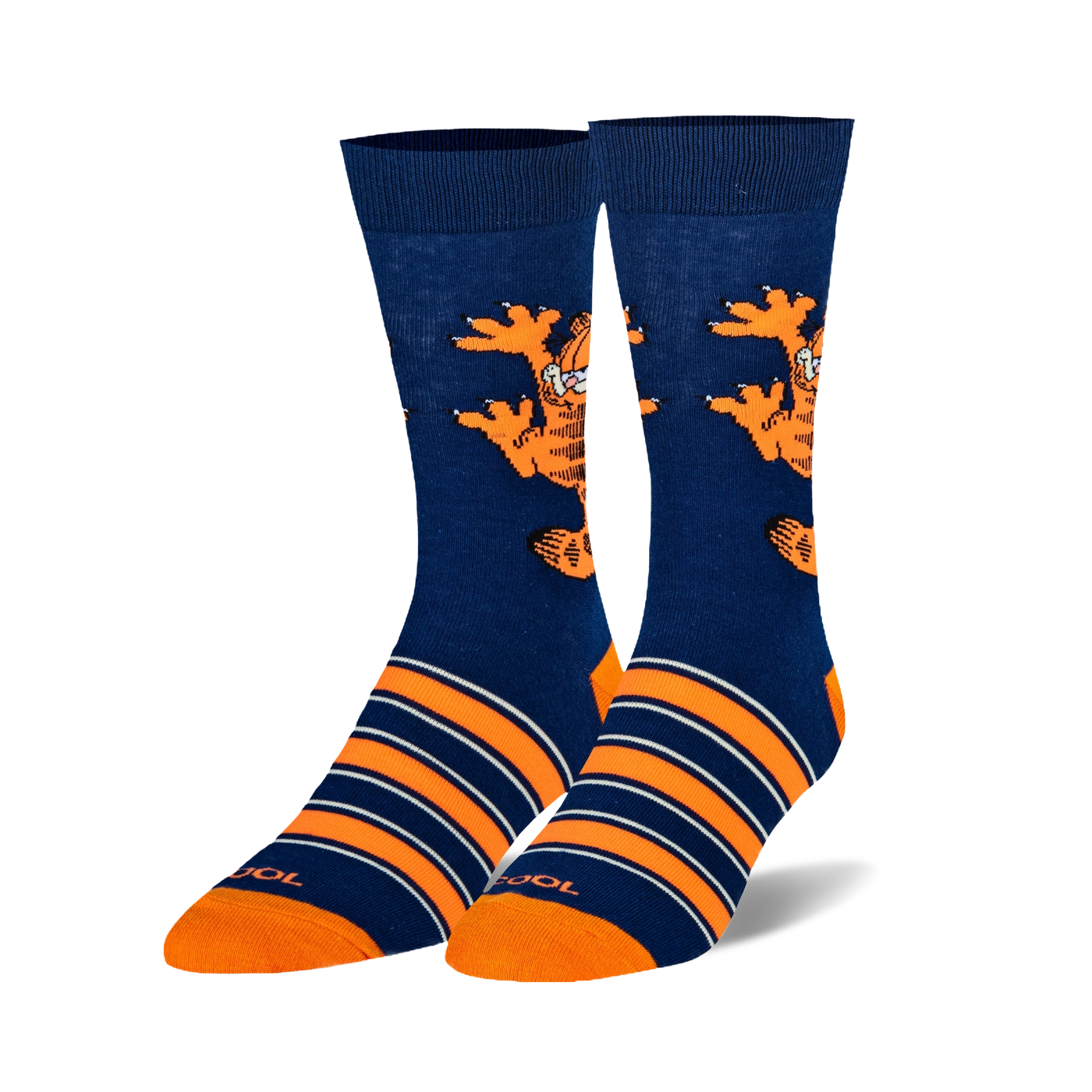 Pair of crew socks; navy blue with orange stripes and a Garfield climbing graphic.