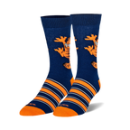 Pair of crew socks; navy blue with orange stripes and a Garfield climbing graphic.