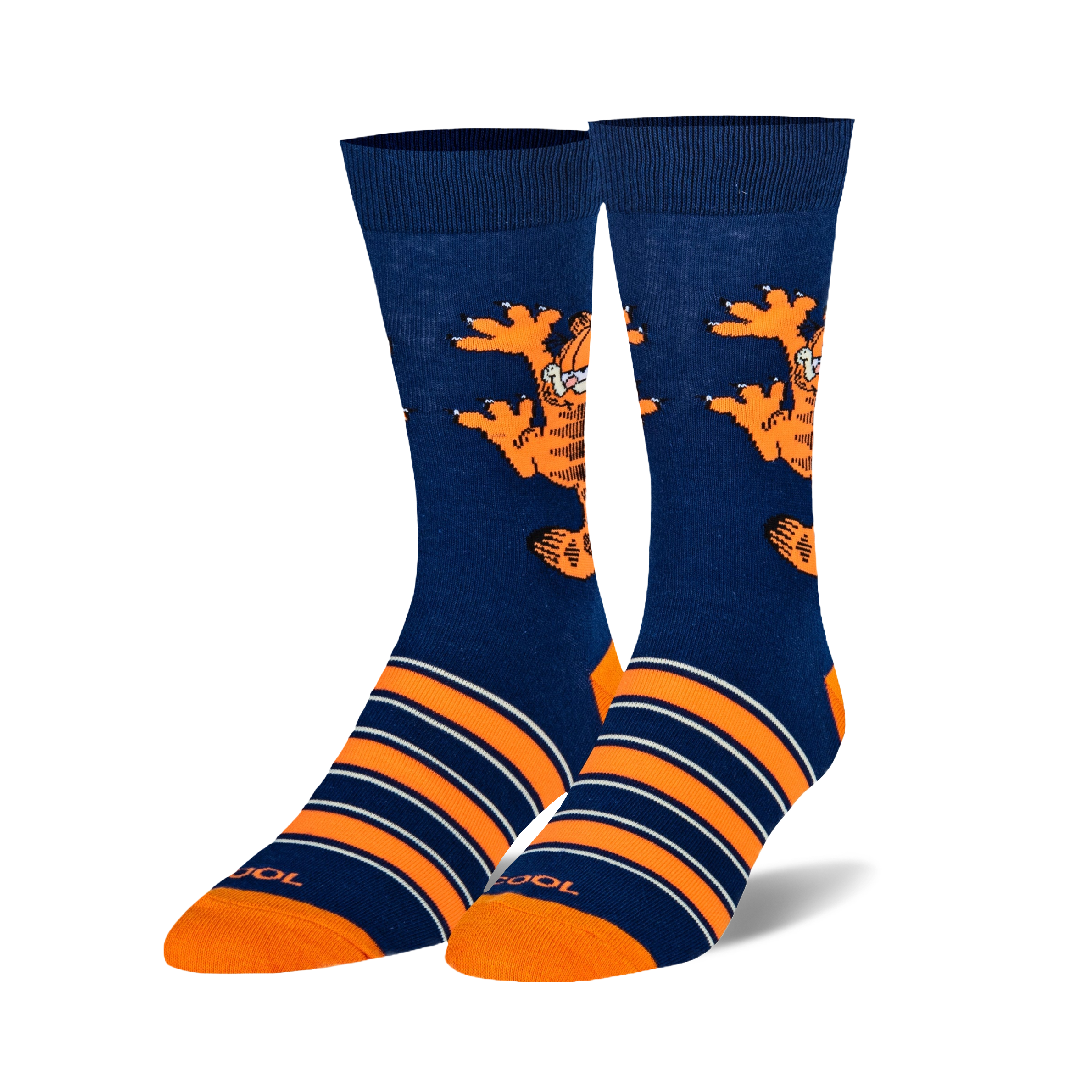 Pair of crew socks; navy blue with orange stripes and a Garfield climbing graphic.