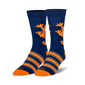 Pair of crew socks; navy blue with orange stripes and a Garfield climbing graphic.