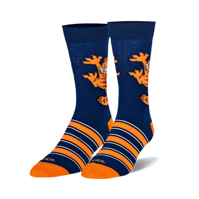 Pair of navy blue crew socks featuring Garfield in a climbing pose, with orange and white stripes on the foot.