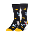 Black crew socks featuring a pattern of Popeye the Sailor Man's face, light blue anchors, and bright yellow stars.