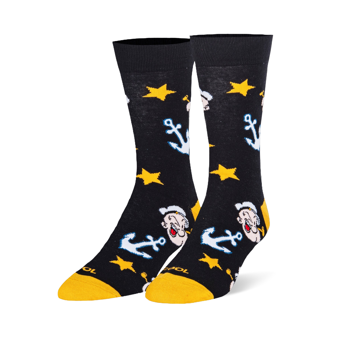 Black crew socks featuring a pattern of Popeye the Sailor Man's face, light blue anchors, and bright yellow stars.