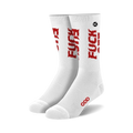 Pair of white crew socks with a red 'F*ck Off' graphic printed vertically on each sock. The text has a distressed, grunge-like appearance.