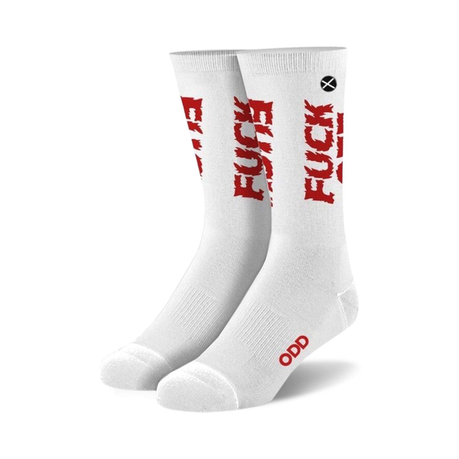 Pair of white crew socks with a red 'F*ck Off' graphic printed vertically on each sock. The text has a distressed, grunge-like appearance.