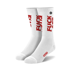 white cotton crew socks with red dripping blood pattern and text reading "fuck off" for men and women   