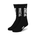 Pair of black crew socks with a large white 'WHO CARES?' graphic. Small 'ODD' logo on the sole.