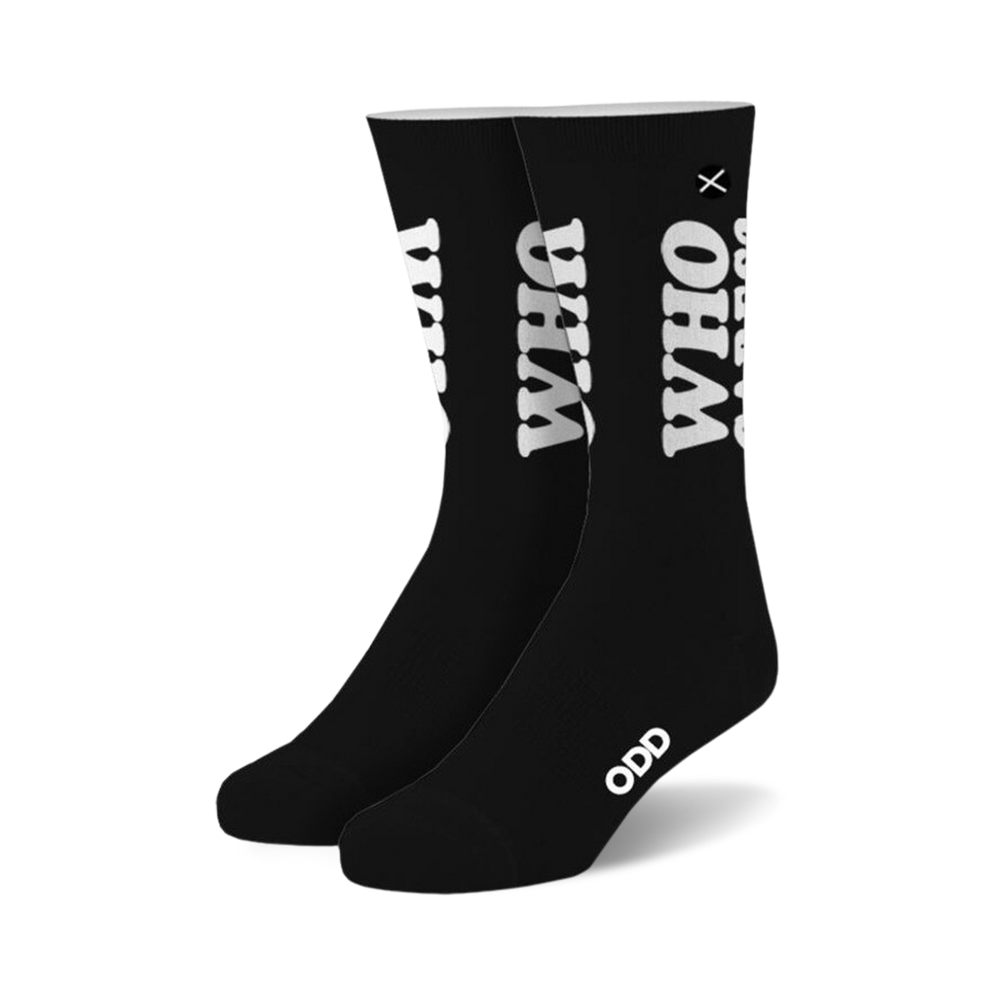 Pair of black crew socks with a large white 'WHO CARES?' graphic. Small 'ODD' logo on the sole.