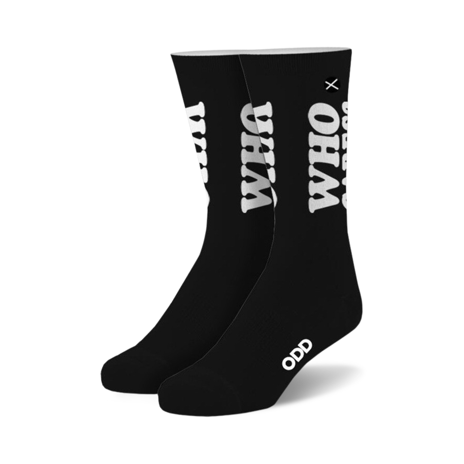 Pair of black crew socks with a large white 'WHO CARES?' graphic. Small 'ODD' logo on the sole.