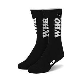 black and white sassy crew socks with "who" on one sock and "cares" on the other for men and women.  