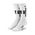 Pair of white crew socks with bold black 'NO THANKS' text repeated vertically. Small black logo near the heel.