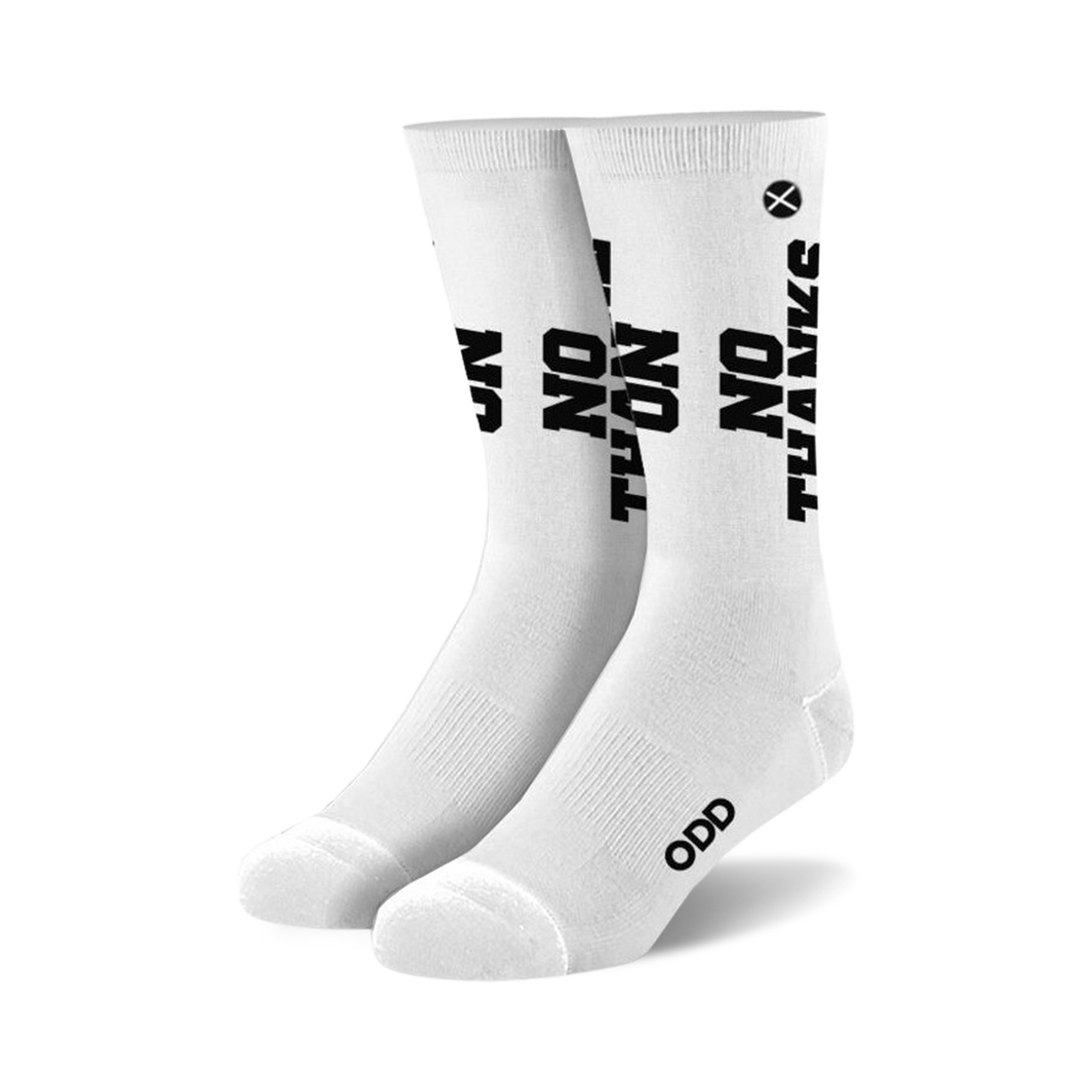 Pair of white crew socks with bold black 'NO THANKS' text repeated vertically. Small black logo near the heel.