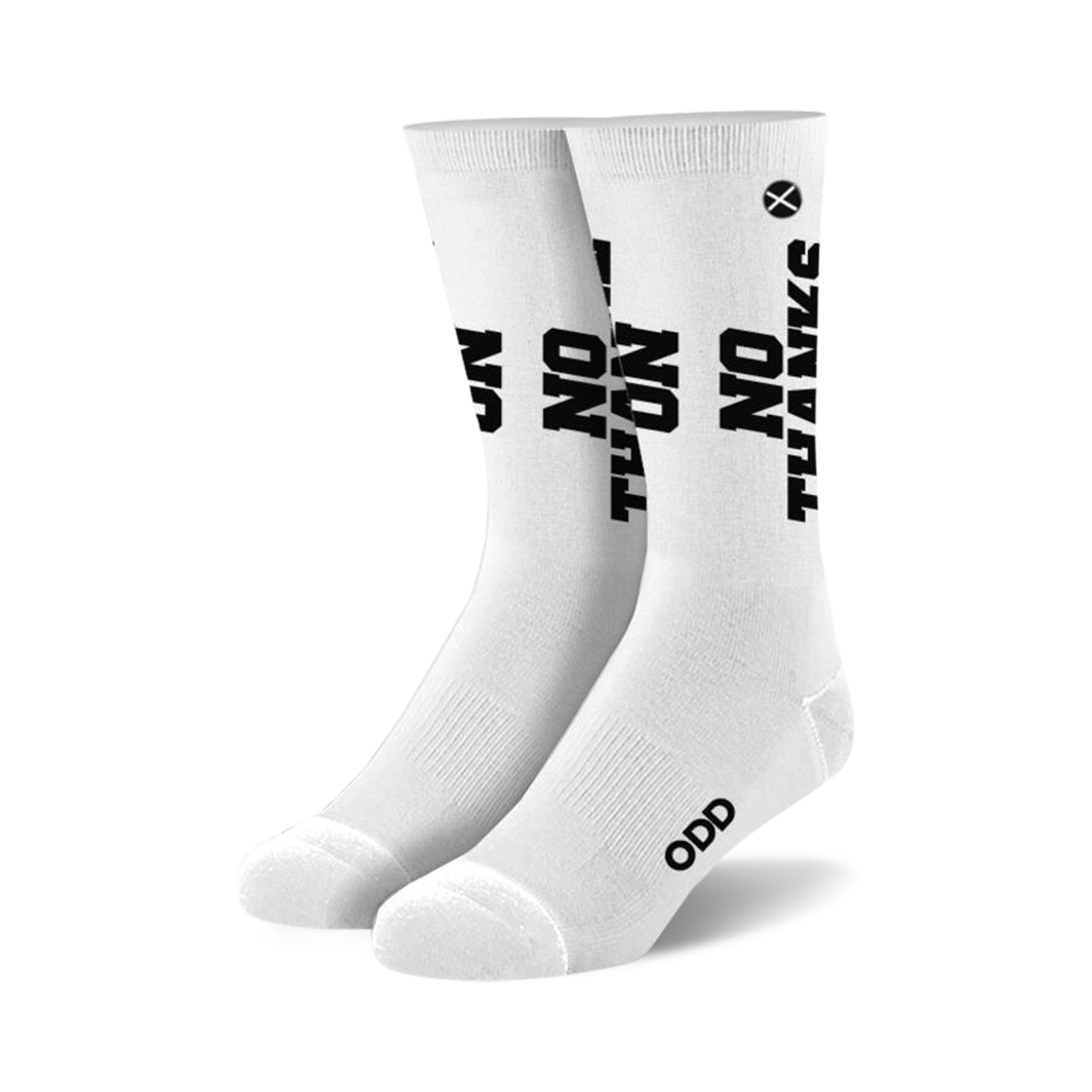 Pair of white crew socks with bold black 'NO THANKS' text repeated vertically. Small black logo near the heel.
