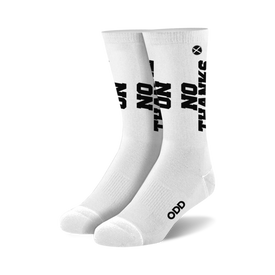 fun socks with the word "thanks" split between the two socks, along with the word "no" written above and below.   