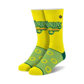 A pair of crew socks in yellow and green. The socks feature the Funyuns logo and onion ring designs.