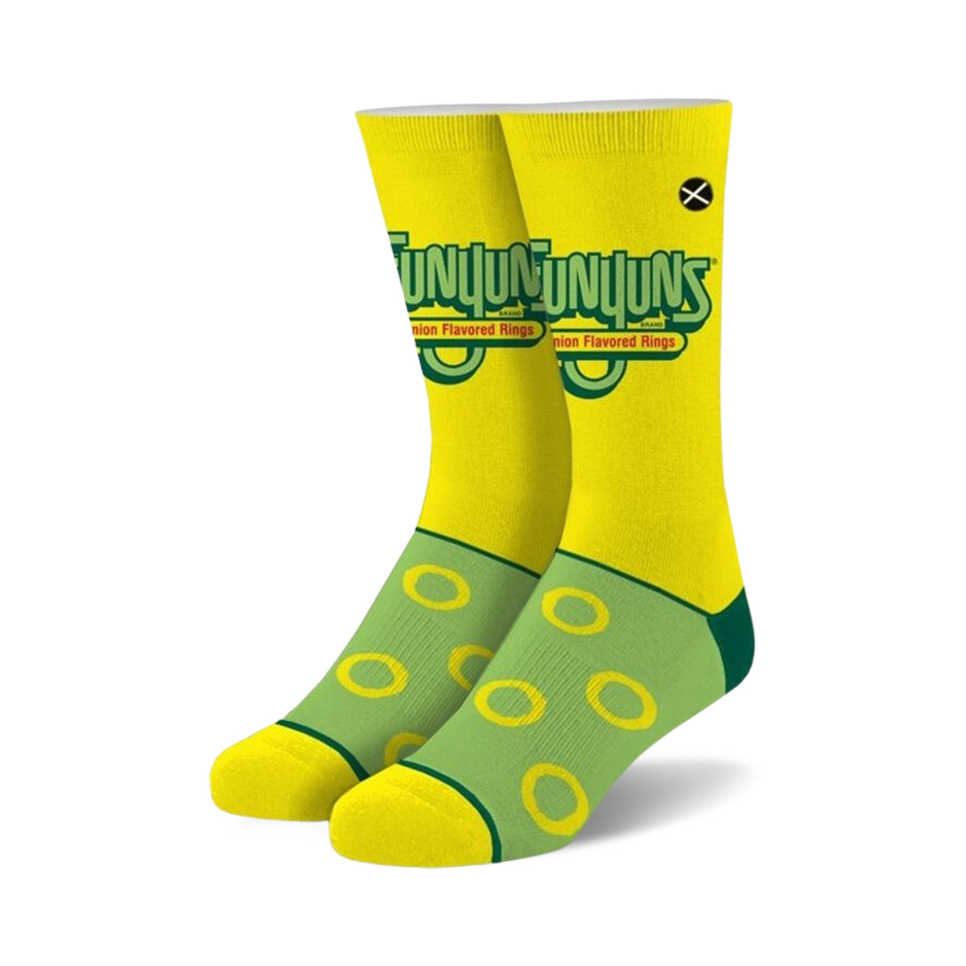 A pair of crew socks in yellow and green. The socks feature the Funyuns logo and onion ring designs.