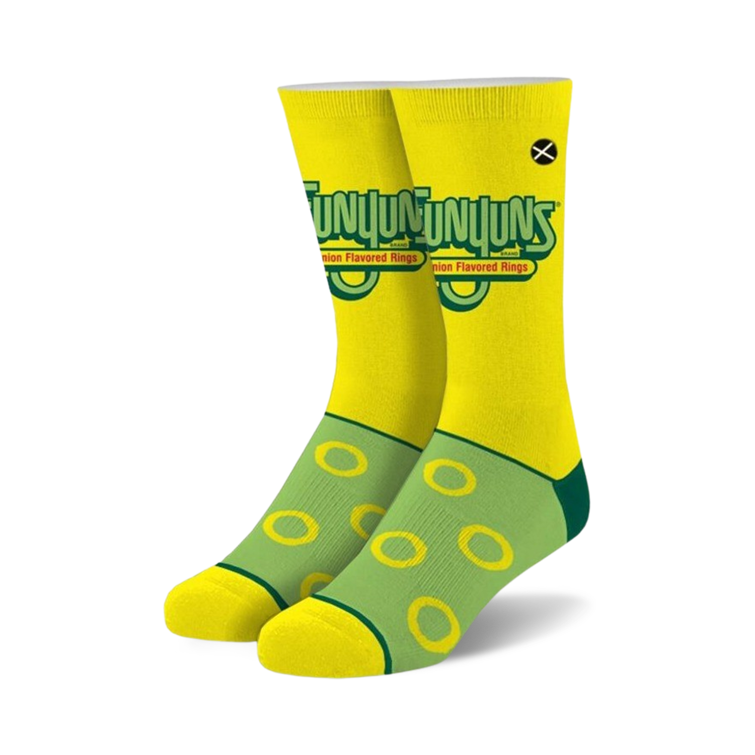A pair of crew socks in yellow and green. The socks feature the Funyuns logo and onion ring designs.