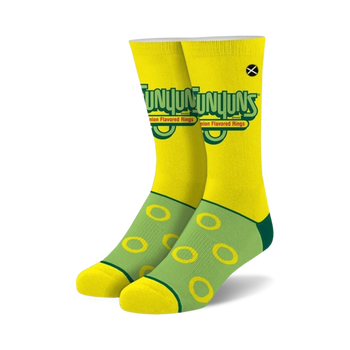 funyuns ring around the welt yellow crew socks with green onion ring pattern for men and women.  