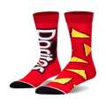 A pair of crew socks with a Doritos theme. One sock displays the Doritos logo; the other shows scattered yellow Doritos chips on a red background.