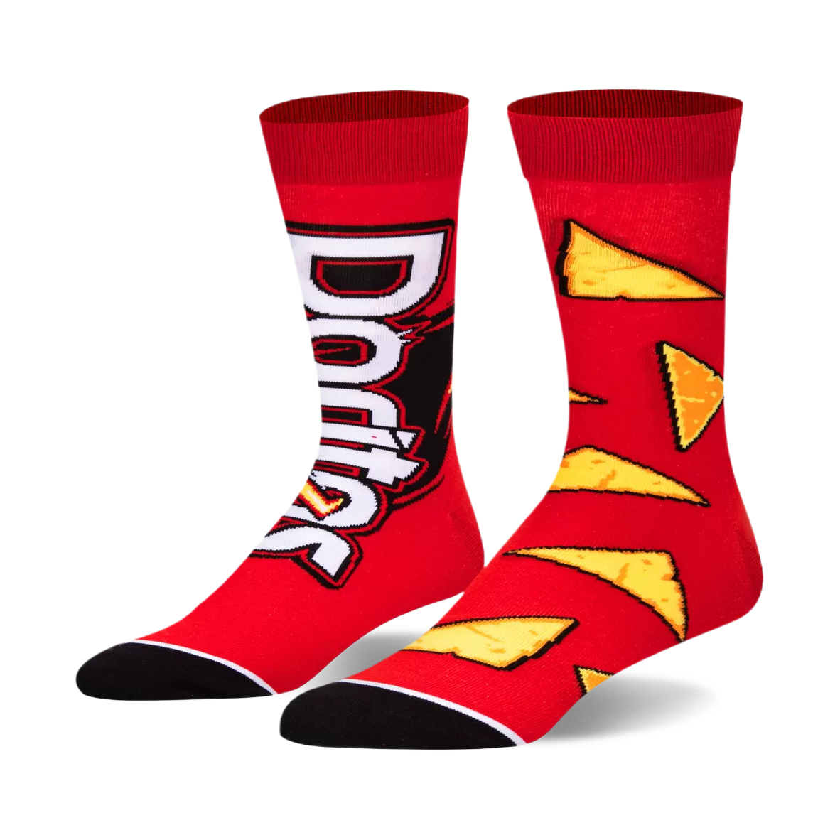 A pair of crew socks with a Doritos theme. One sock displays the Doritos logo; the other shows scattered yellow Doritos chips on a red background.