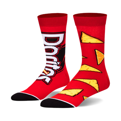 Pair of red crew socks. Left sock has a large white Doritos logo. Right sock features a pattern of yellow and orange chips.