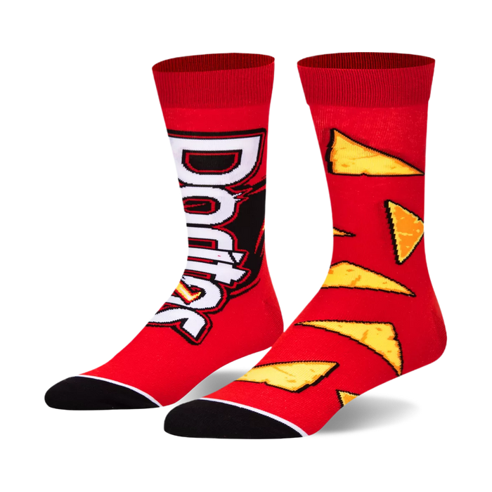 Pair of red crew socks. Left sock has a large white Doritos logo. Right sock features a pattern of yellow and orange chips. }}