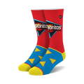 Pair of crew socks; red, blue, and yellow.  Doritos logo and chip shapes decorate the socks.