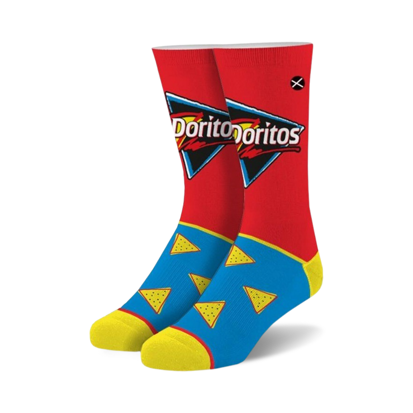 Pair of crew socks; red, blue, and yellow.  Doritos logo and chip shapes decorate the socks.
