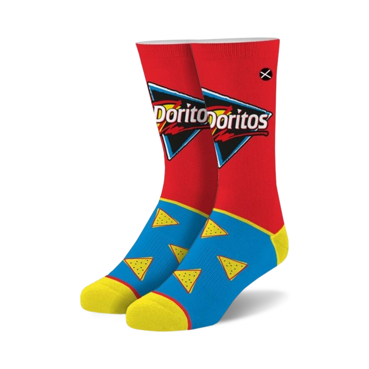 Pair of crew socks; red, blue, and yellow.  Doritos logo and chip shapes decorate the socks.