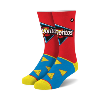 red and blue crew socks with yellow triangle pattern and doritos logo for men and women.   