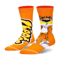 Pair of orange crew socks. One sock features the Cheetos logo, the other the Cheetos mascot in a stylish pose.