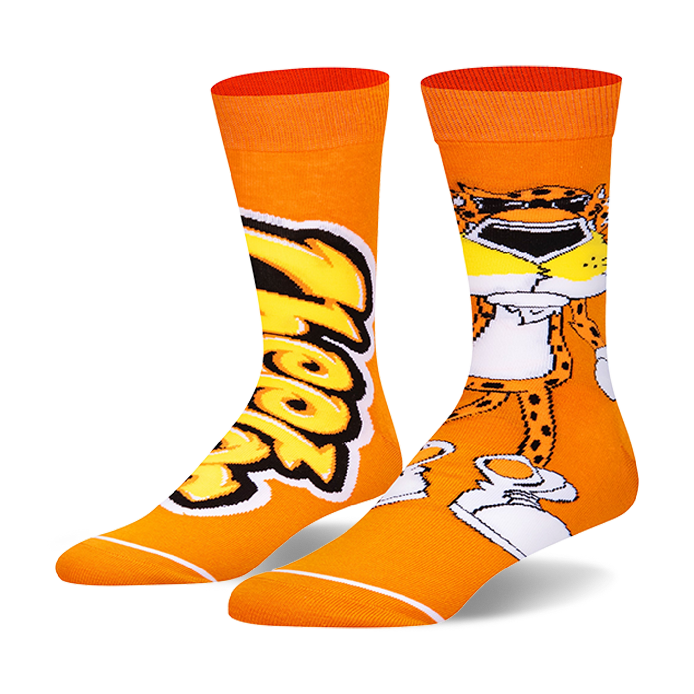 Pair of orange crew socks. One sock features the Cheetos logo, the other the Cheetos mascot in a stylish pose.