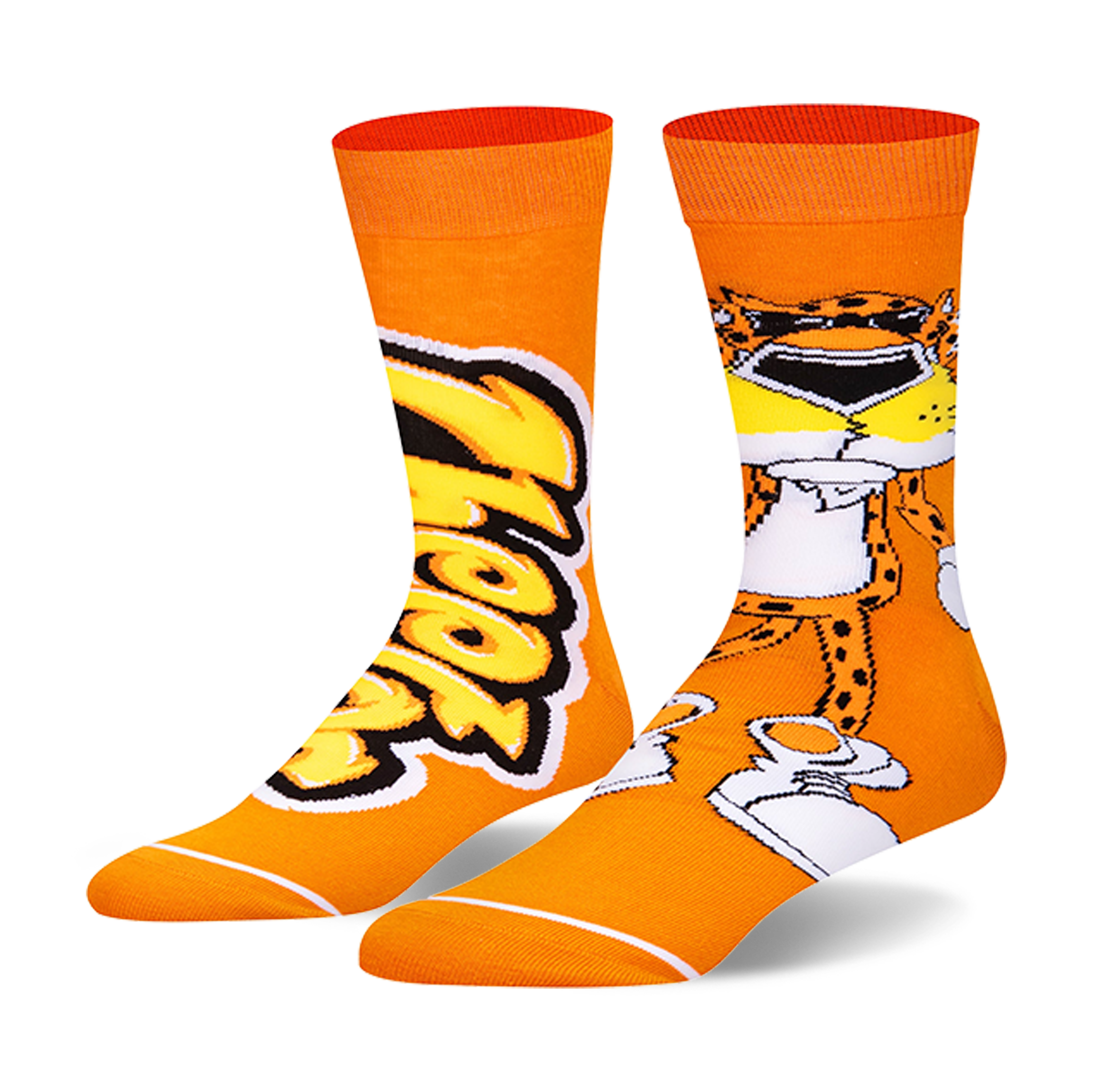 Pair of orange crew socks. One sock features the Cheetos logo, the other the Cheetos mascot in a stylish pose.