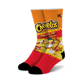 Pair of crew socks featuring a Flamin' Hot Cheetos bag design.  The socks are predominantly red and orange, showing the Cheetos character amidst flaming hot Cheetos.