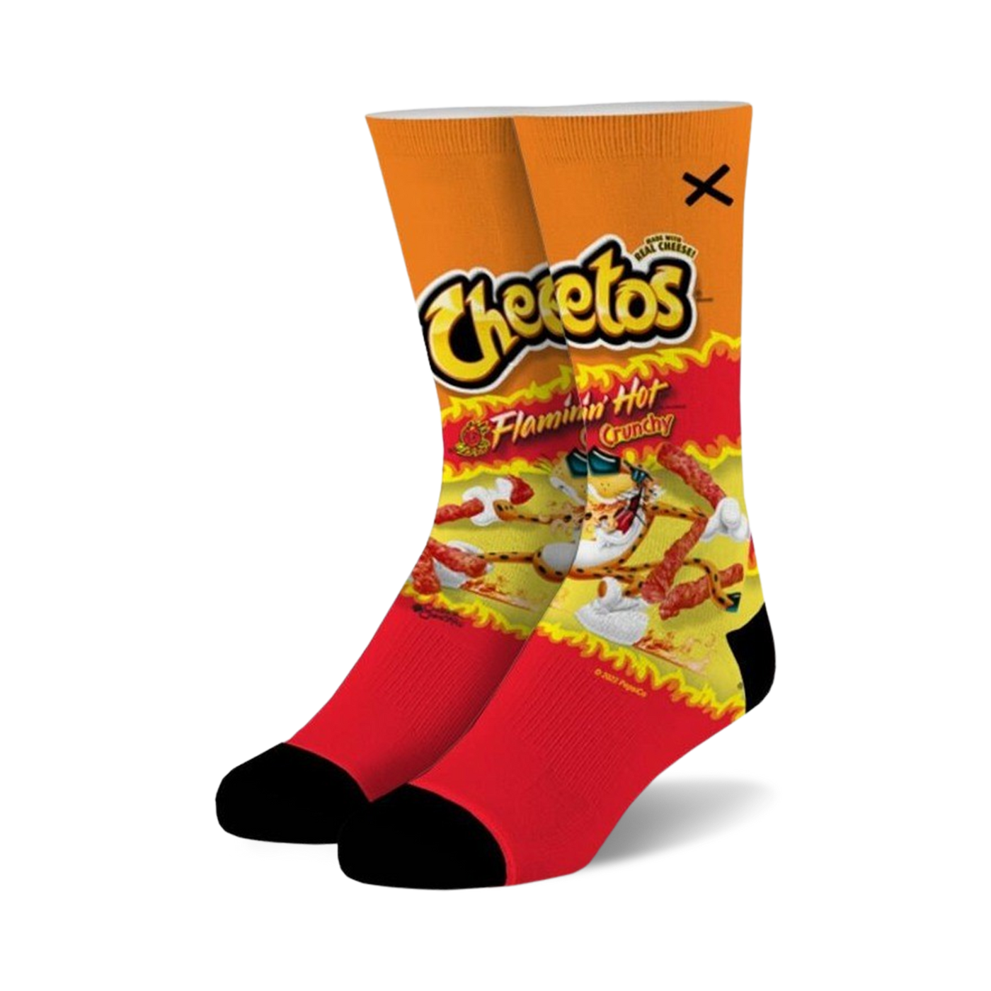 Pair of crew socks featuring a Flamin' Hot Cheetos bag design.  The socks are predominantly red and orange, showing the Cheetos character amidst flaming hot Cheetos.