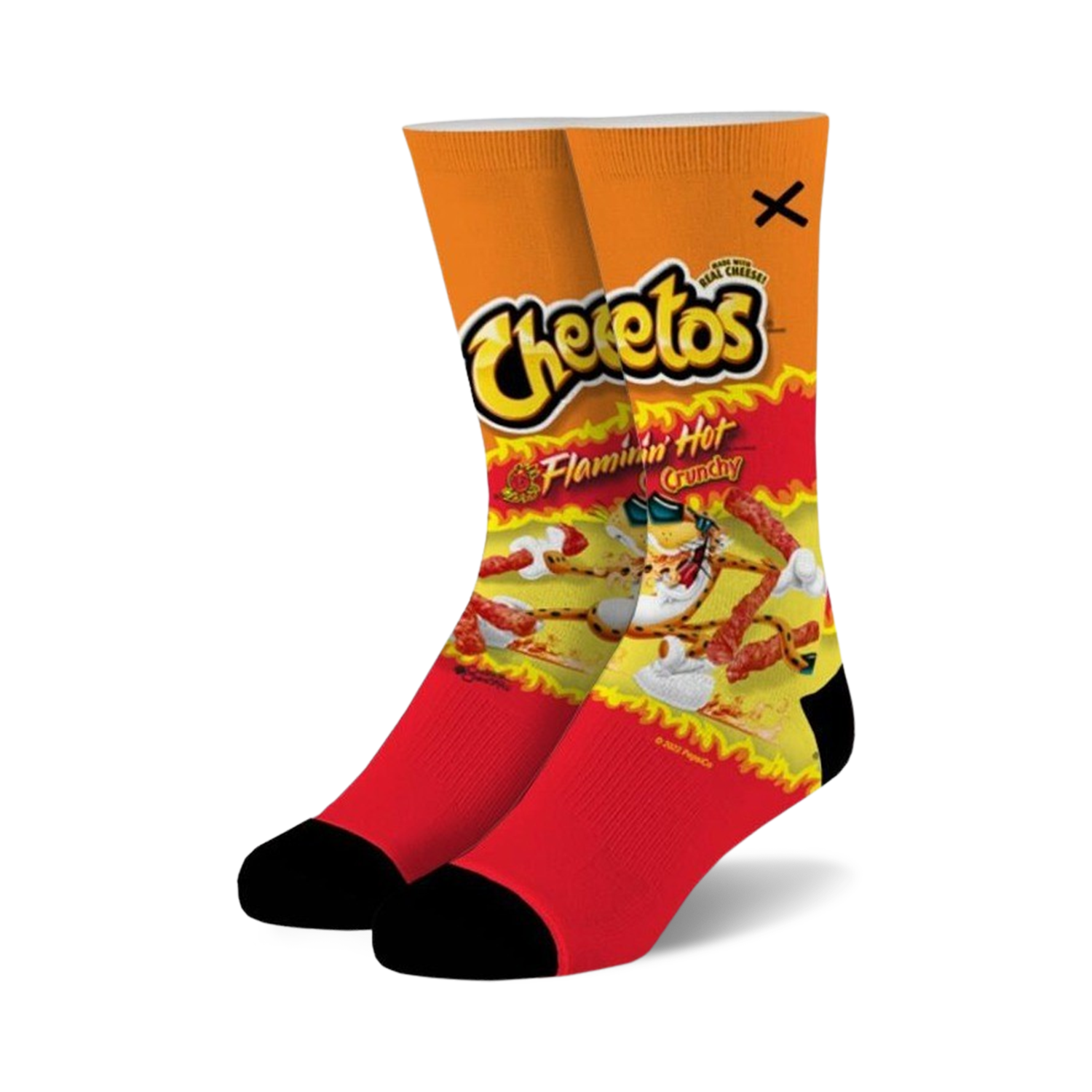 Pair of crew socks featuring a Flamin' Hot Cheetos bag design.  The socks are predominantly red and orange, showing the Cheetos character amidst flaming hot Cheetos.