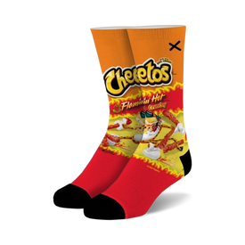 crew socks featuring flamin' hot cheetos logo and mascot on a red background. for men and women.   