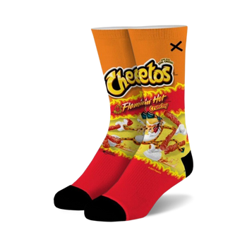 crew socks featuring flamin' hot cheetos logo and mascot on a red background. for men and women.   