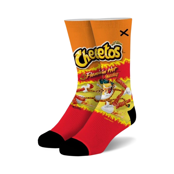 crew socks featuring flamin' hot cheetos logo and mascot on a red background. for men and women.    }}