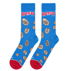 Flatlay product shot showing a pair of Ruffles Chips socks on a white background.  The socks are fully visible.