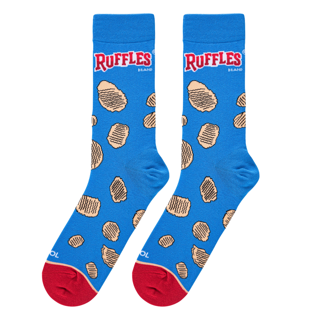 Flatlay product shot showing a pair of Ruffles Chips socks on a white background.  The socks are fully visible.