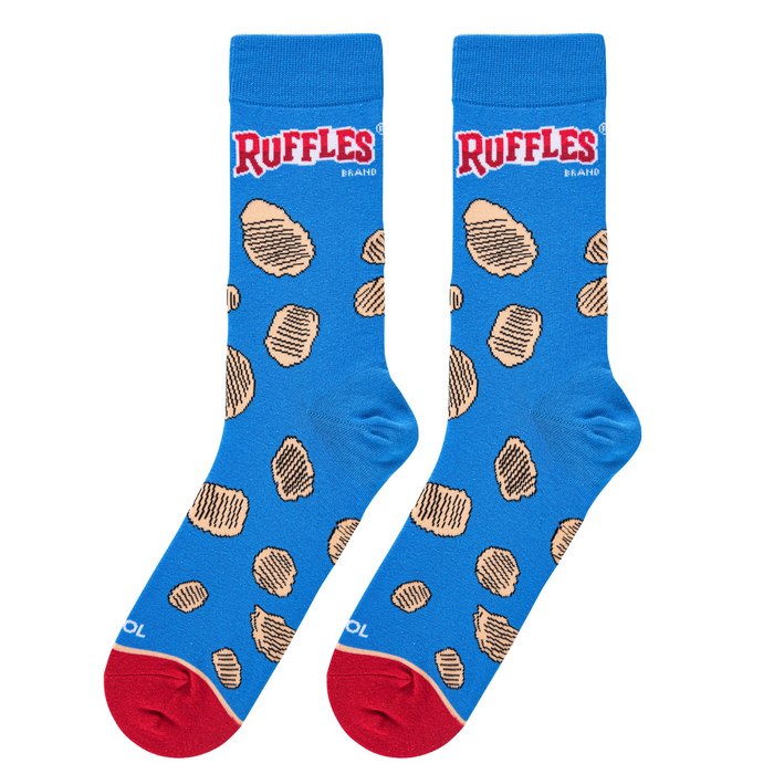Pair of blue Ruffles potato chip crew socks with red toes and heels, laid flat on a white background.
