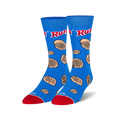 A pair of blue crew socks with a fun Ruffles potato chip design. The socks feature the Ruffles logo and light brown chip illustrations.