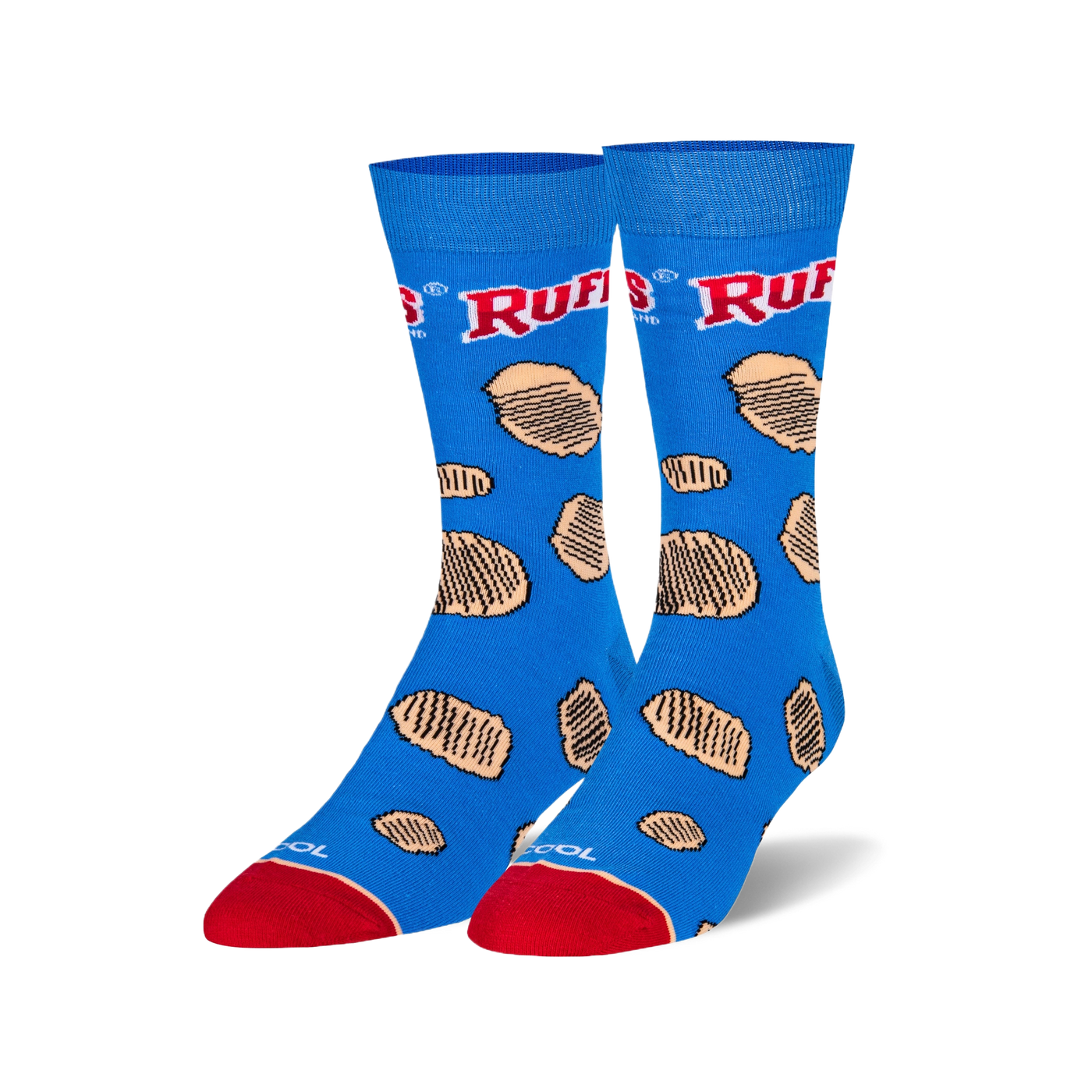 A pair of blue crew socks with a fun Ruffles potato chip design. The socks feature the Ruffles logo and light brown chip illustrations.