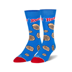 A pair of blue crew socks with a fun Ruffles potato chip design. The socks feature the Ruffles logo and light brown chip illustrations.