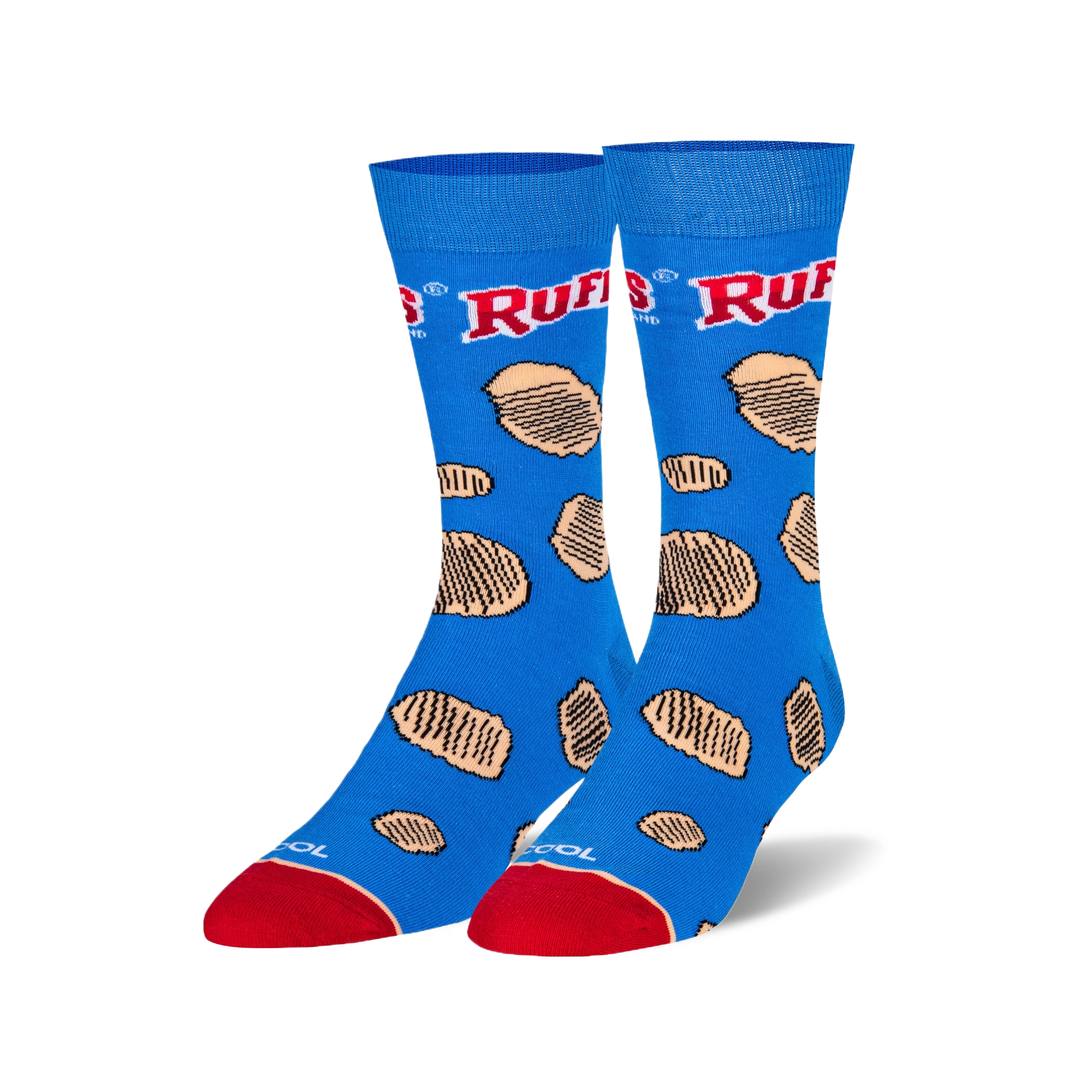 A pair of blue crew socks with a fun Ruffles potato chip design. The socks feature the Ruffles logo and light brown chip illustrations.