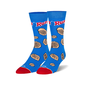 A pair of blue crew socks featuring scattered Ruffles potato chips and the red Ruffles brand logo. Red heel and toe.