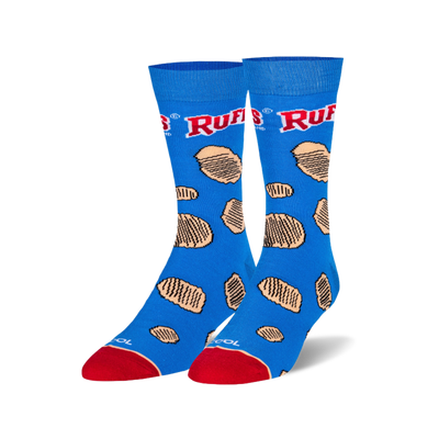 A pair of blue crew socks featuring scattered Ruffles potato chips and the red Ruffles brand logo. Red heel and toe.