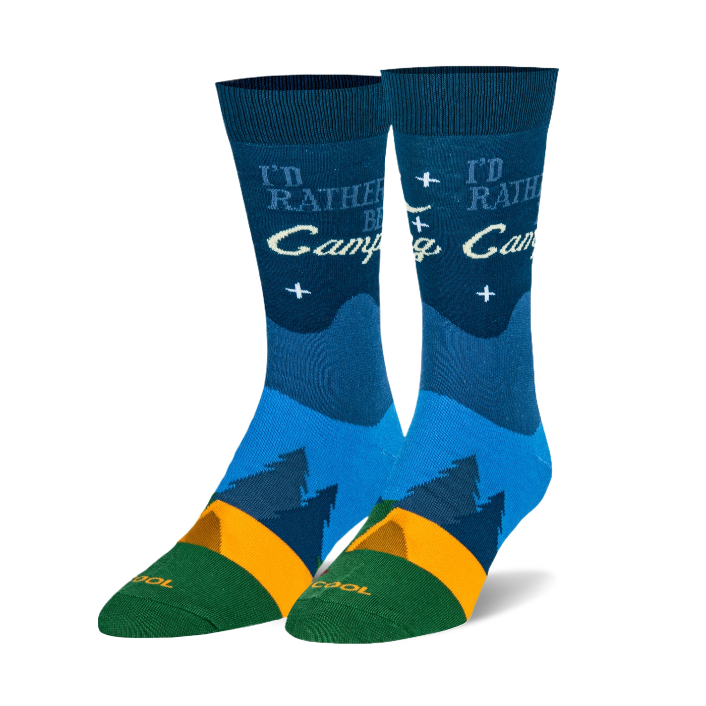 Pair of crew socks, navy blue, teal, and orange. Design includes a campfire scene, pine trees, and the text 'I'd Rather Be Camping'.