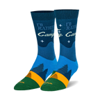 Pair of crew socks, navy blue, teal, and orange. Design includes a campfire scene, pine trees, and the text 'I'd Rather Be Camping'.